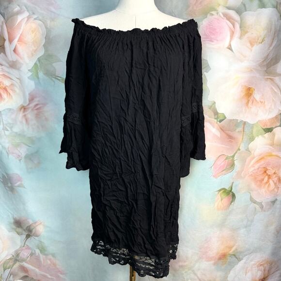 Flying Tomato Black Off Shoulder Peasant Style 3/4 Bell Sleeve Shift Dress - Picture 1 of 4